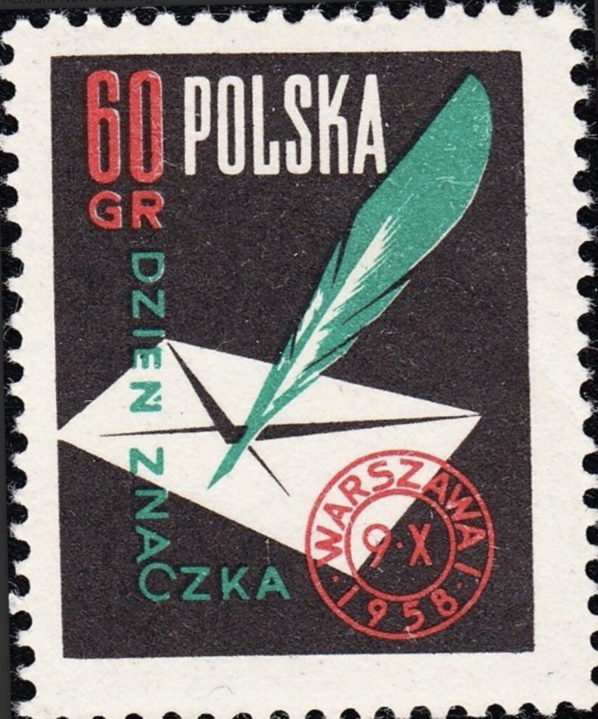 quill pen image on stamp from Poland